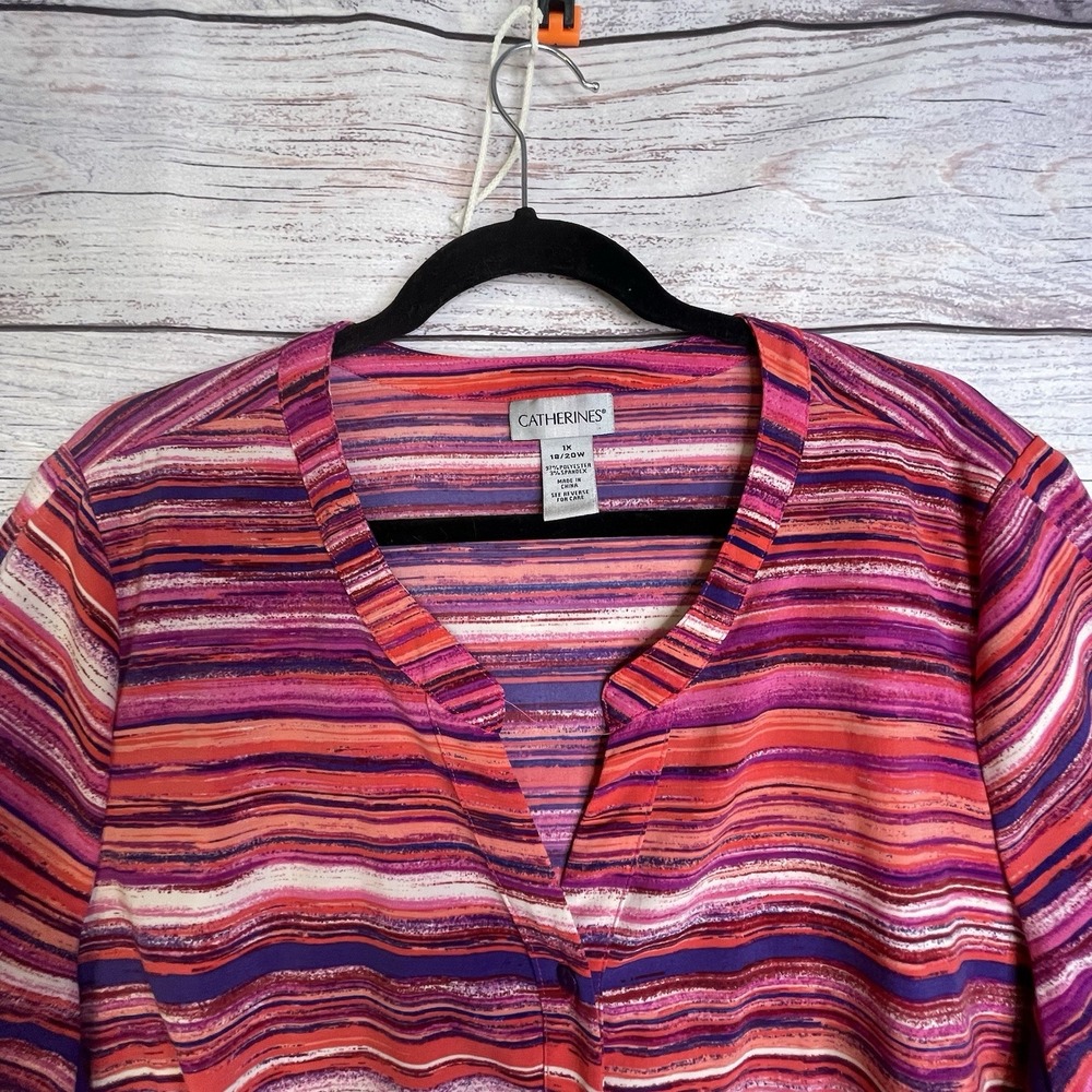 Catherines Shirt Women Size 1X Top Plus Barbie Pink Stripe Button Up BOHO - Picture 3 of 11